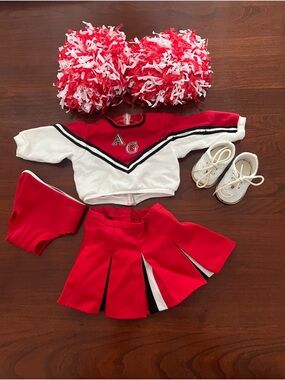 American Girl Doll Red & White Cheerleader Outfit with Pom Poms and Sneakers